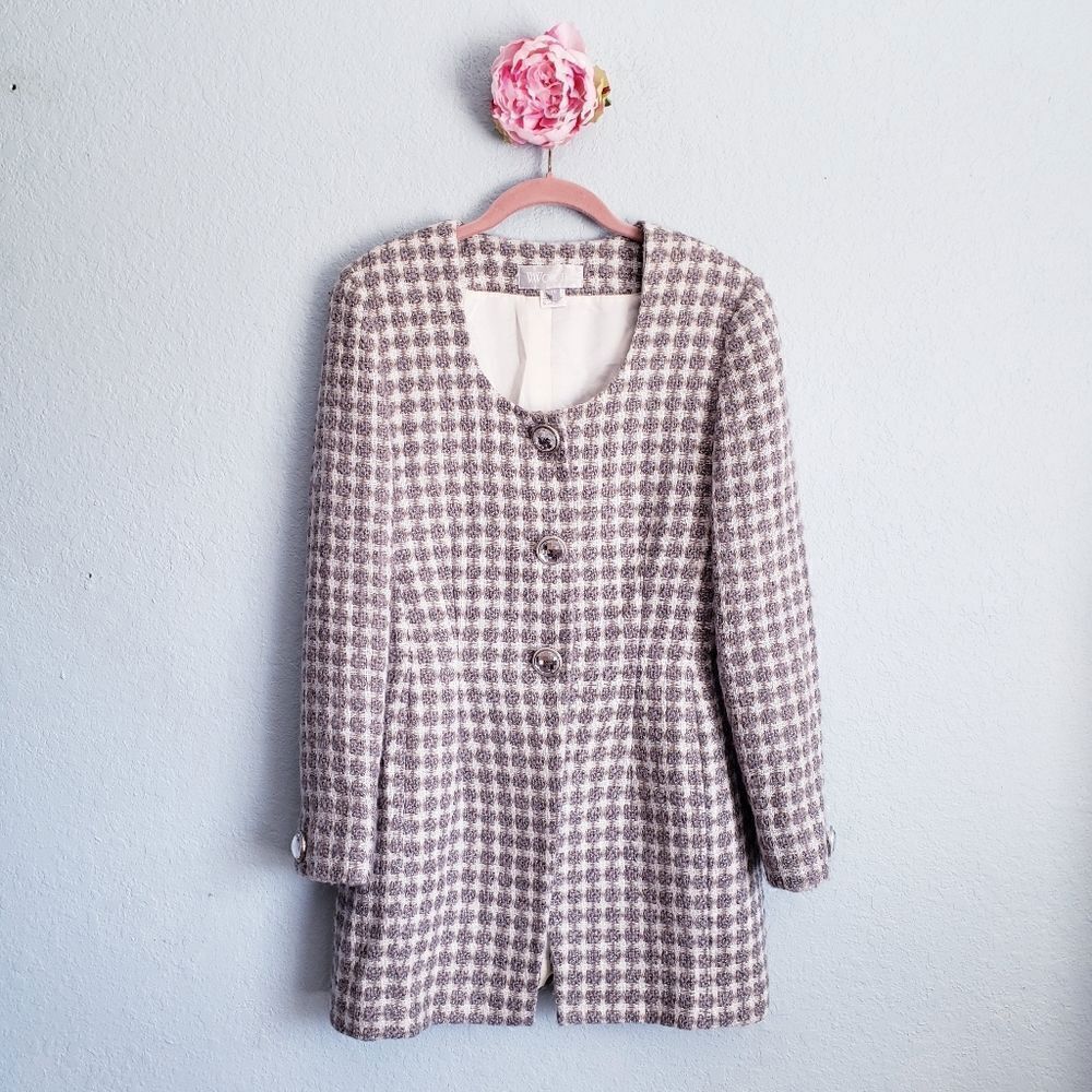 Vintage Worth New York Taupe And Cream Diamond Bling Scoop Neck Wool Blazer Coat